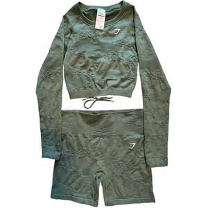 Gymshark Adapt Green Camo Seamless Set Long Sleeve Crop Top & Shorts Size Small